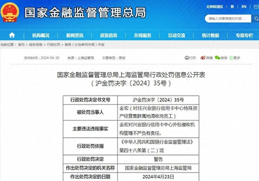 兴业信用卡逾期法务催收（兴业银行信用卡中心因对外包催收机构管理不严被罚40万元）(图1)