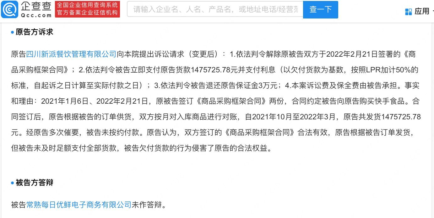 每日优鲜是什么公司旗下的（遭海底捞旗下公司起诉！每日优鲜被判赔偿超百万，同日新增42条买卖合同纠纷）(图1)